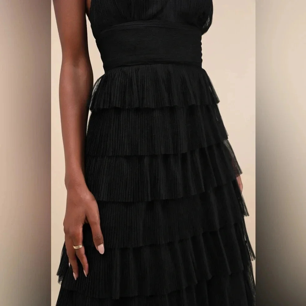 NWOT Lulus Radiant‎ Event Black Mesh Tiered Pleated Backless Maxi Dress - Picture 4 of 9